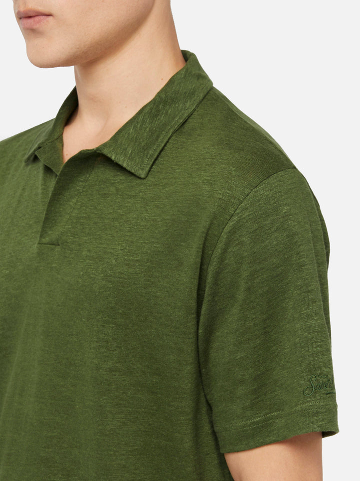 Military green linen buttonless polo shirt Fraser