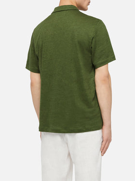 Military green linen buttonless polo shirt Fraser