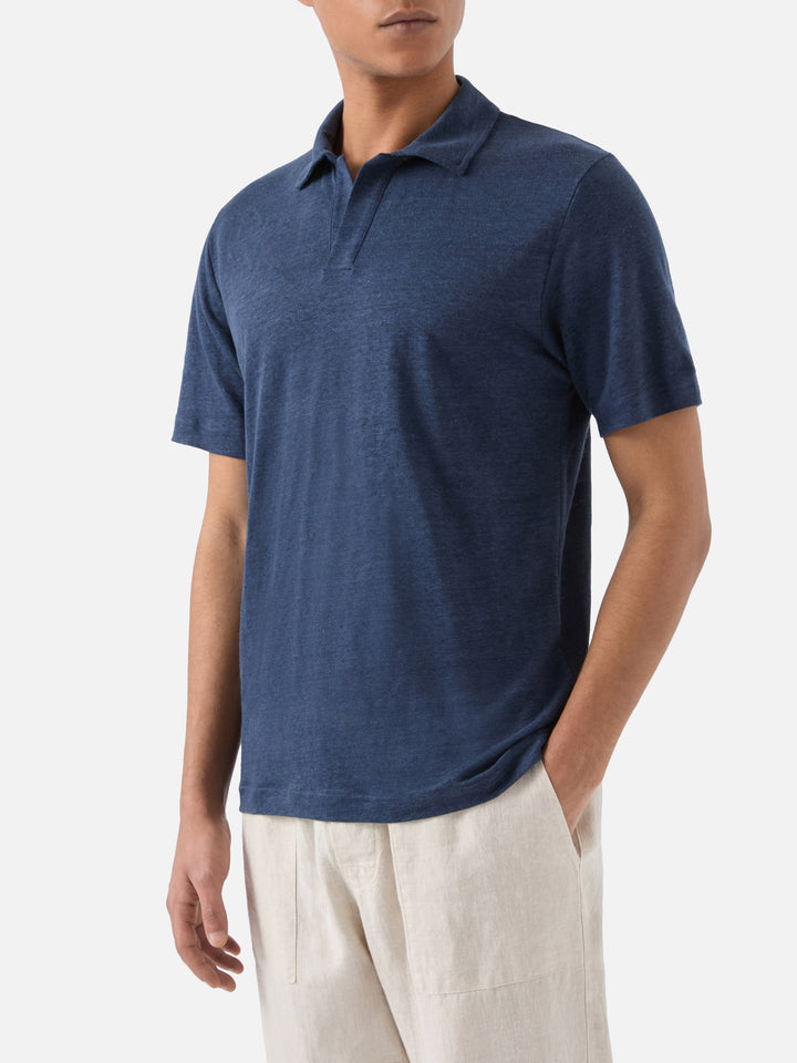 Navy blue Fraser polo in pure linen solid color