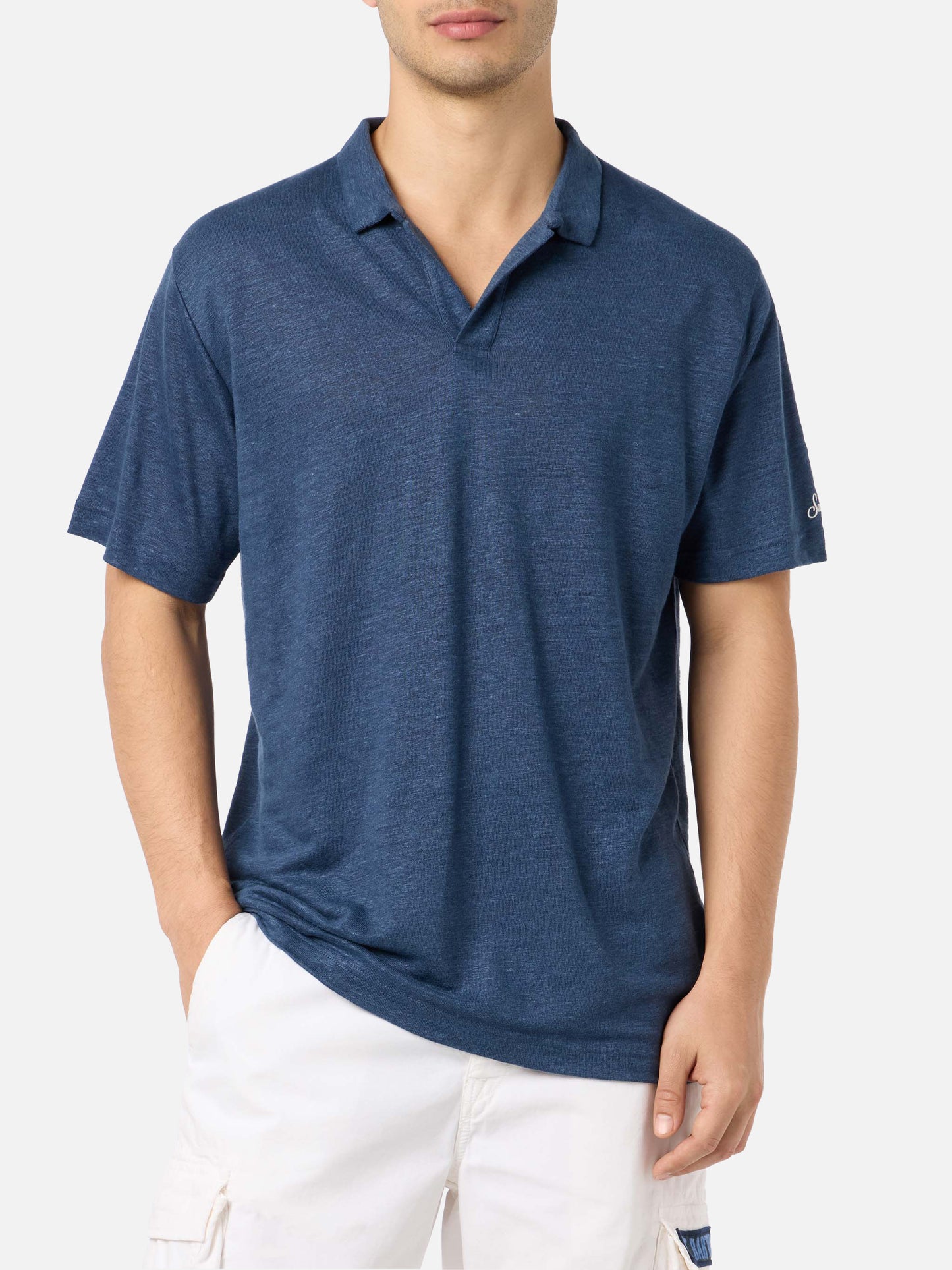 Polo in lino blu navy senza bottoni Fraser