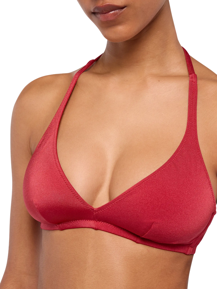 Noelle, schimmernde, ziegelrote, freche Badehose – Gaia, schimmerndes, ziegelrotes Triangel-Bralette-Oberteil