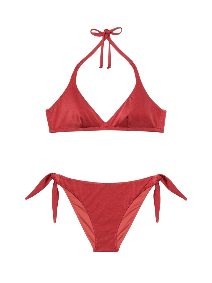 Yali shimmer brick red classic swim briefs - Gaia shimmer brick red triangle bralette top - MC2 Saint Barth