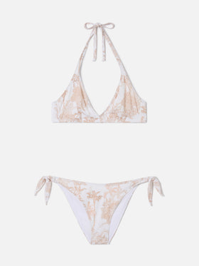 Gaia Yali white and beige toile de jouy bikini