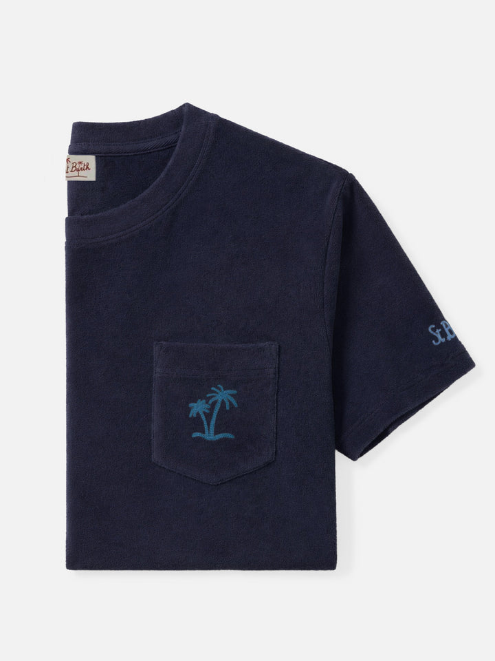 Herren-T-Shirt aus Frottee in Marineblau mit Tasche