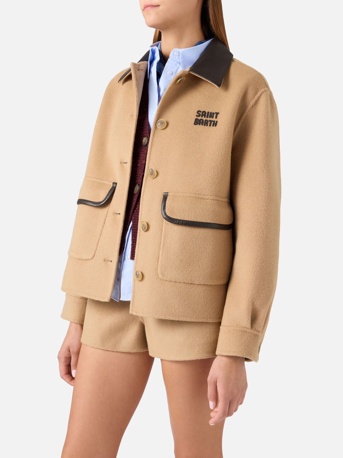 Beige Glacienne wool blend jacket with logo patch