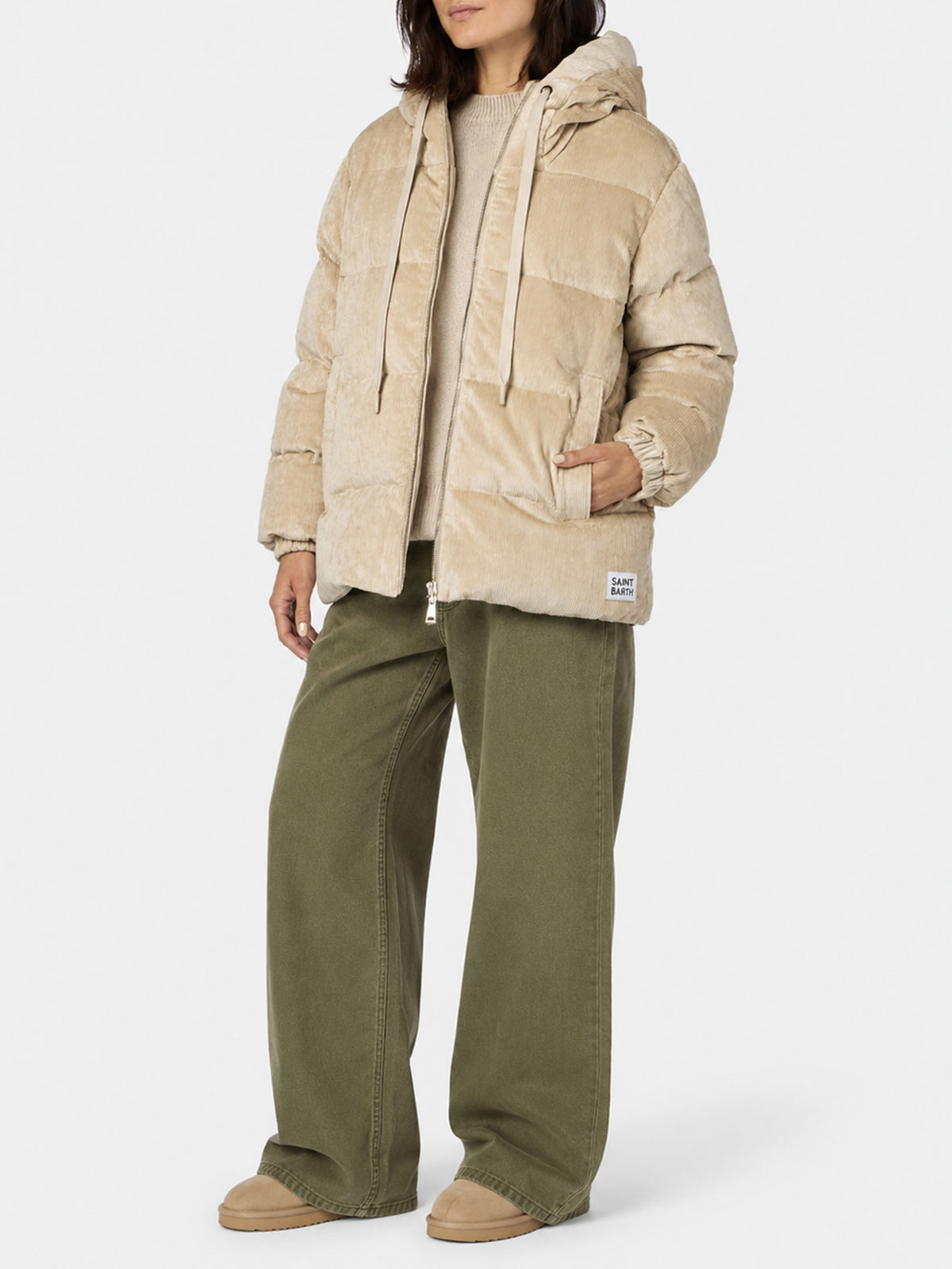 Chaqueta acolchada con capucha de pana beige Geneve 