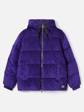 Woman purple corduroy down padded jacket with hoodie