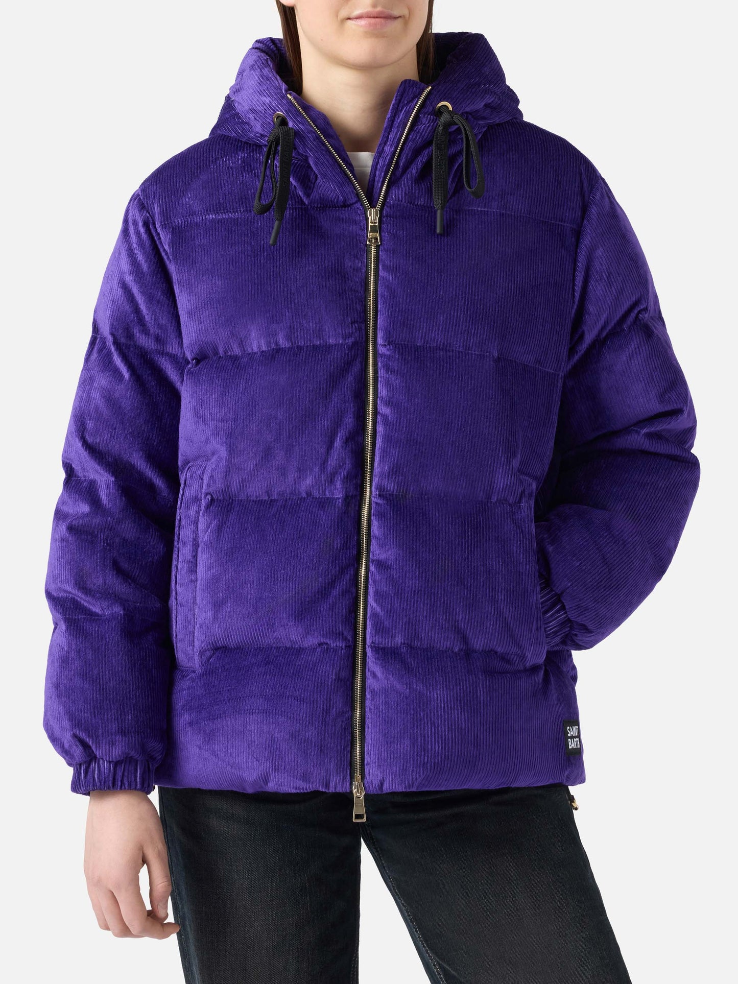 Woman purple corduroy down padded jacket with hoodie