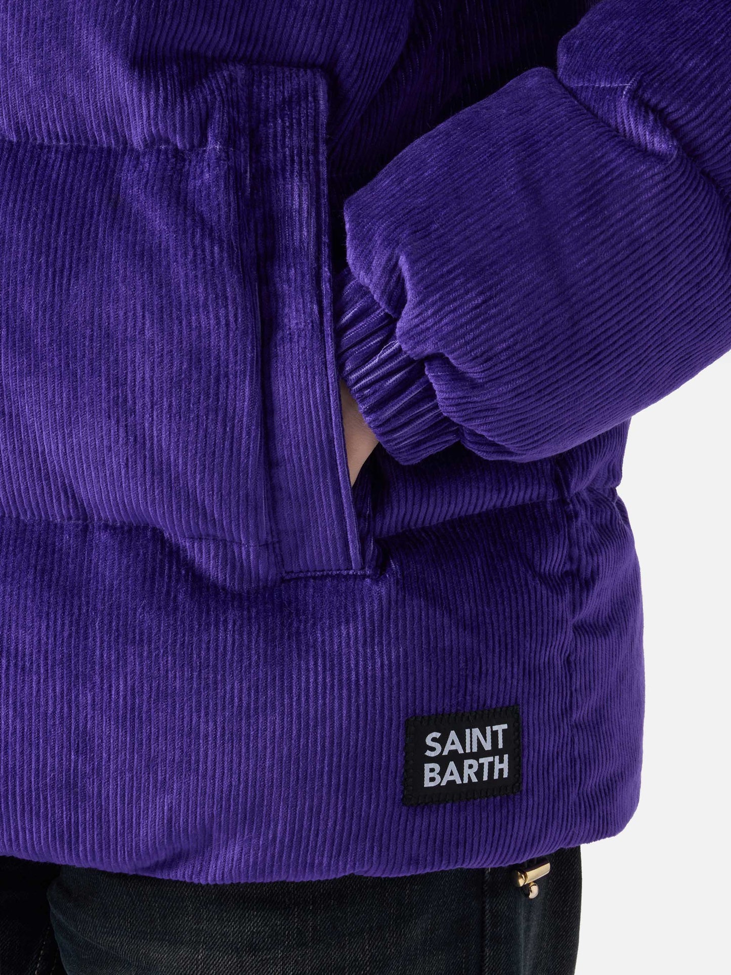 Woman purple corduroy down padded jacket with hoodie