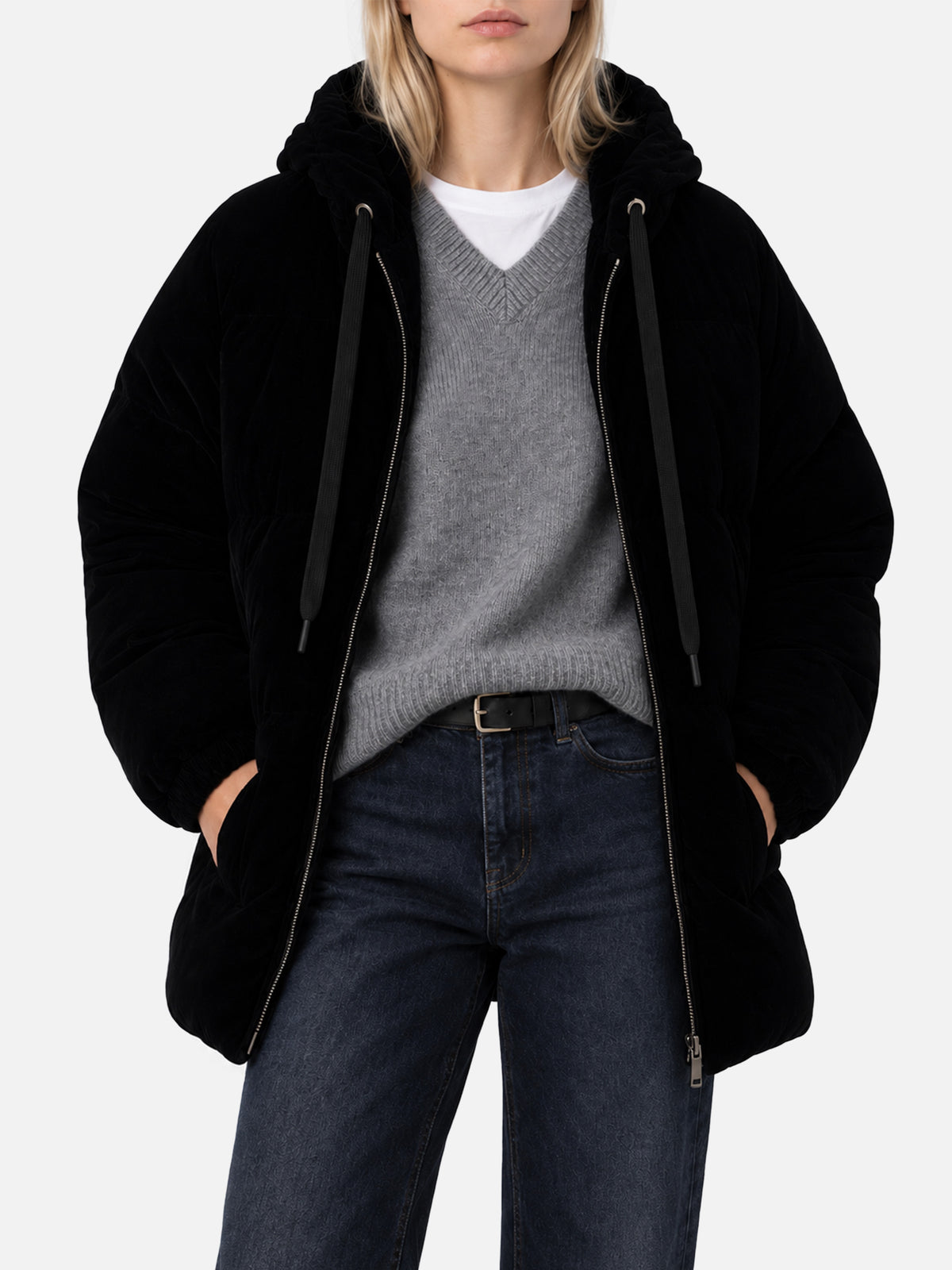 Geneve schwarze Daunenjacke aus Samt mit Kapuze 