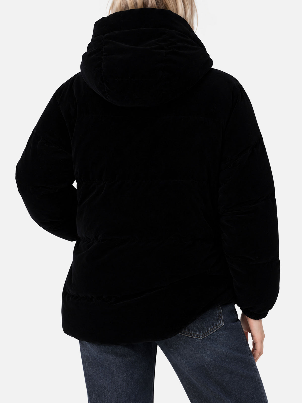 Geneve schwarze Daunenjacke aus Samt mit Kapuze 