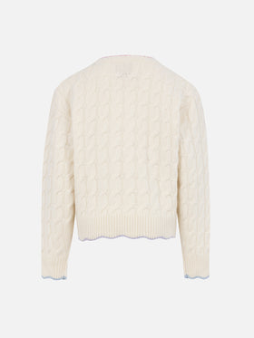 Girl white wavy cable knit sweater Gretta with contrast details