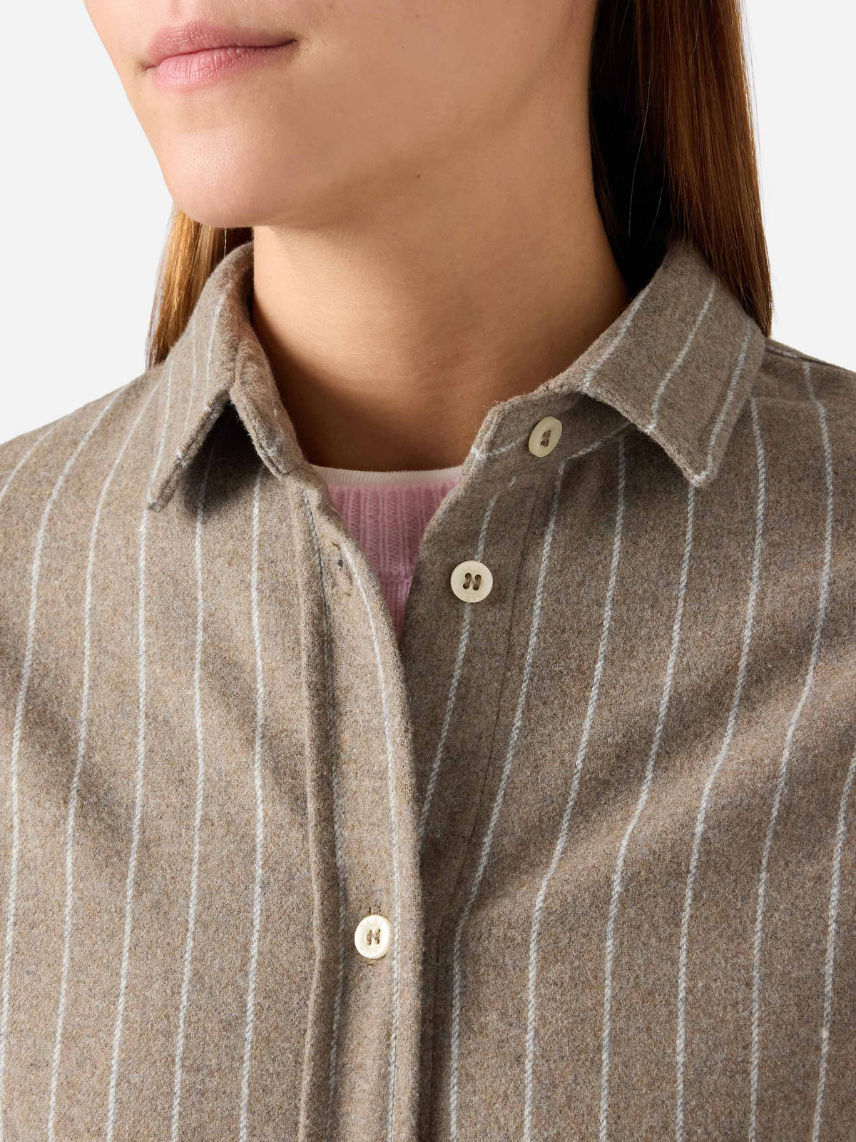 Camicia beige in flanella di misto lana gessata Gigy con logo in strass