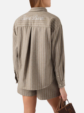 Camicia beige in flanella di misto lana gessata Gigy con logo in strass