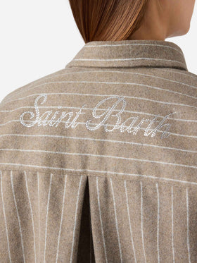 Camicia beige in flanella di misto lana gessata Gigy con logo in strass