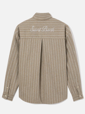 Camicia beige in flanella di misto lana gessata Gigy con logo in strass