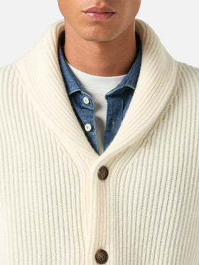 Cardigan Glasgow en laine off white avec col châle 