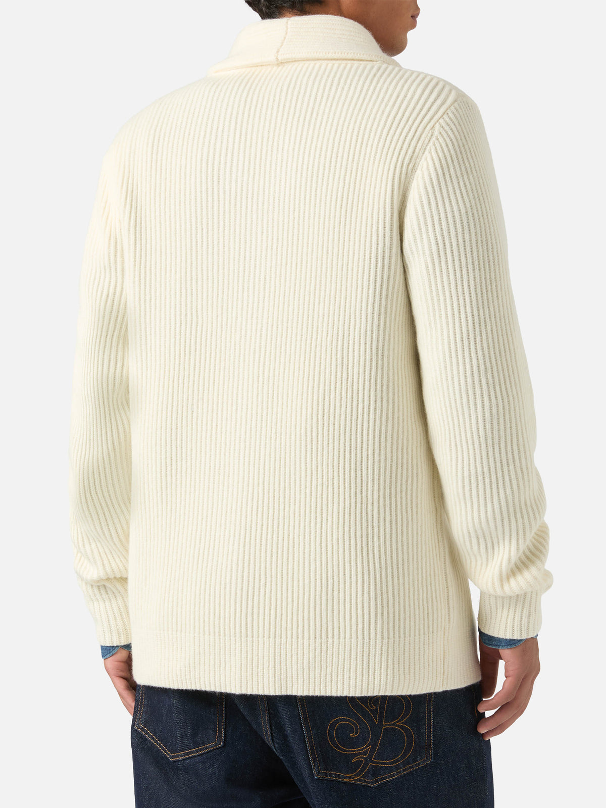 Cardigan Glasgow en laine off white avec col châle 