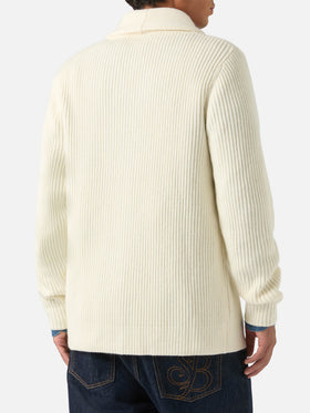 Cardigan Glasgow en laine off white avec col châle 