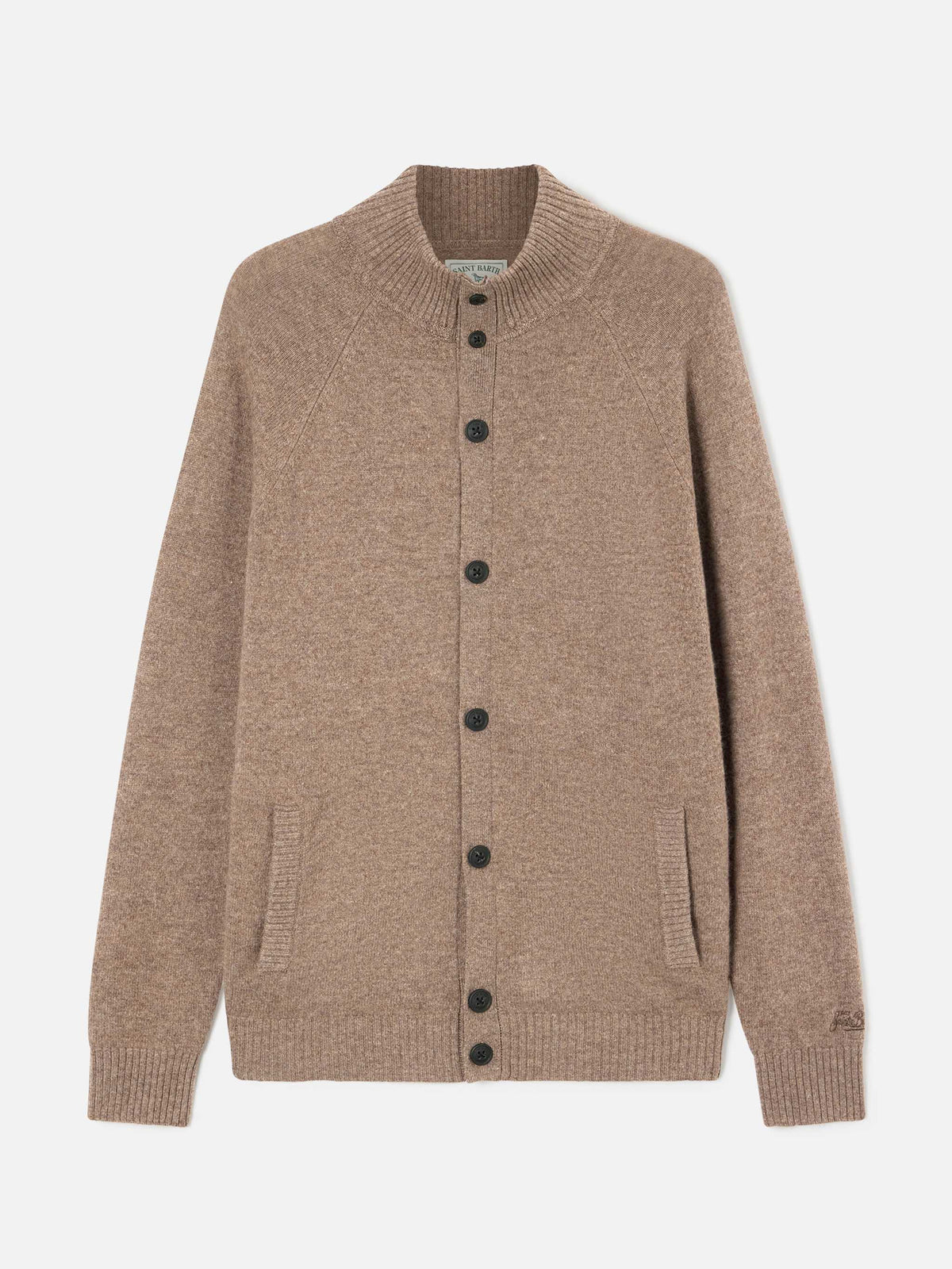 Beige Galway lambswool cardigan with high collar