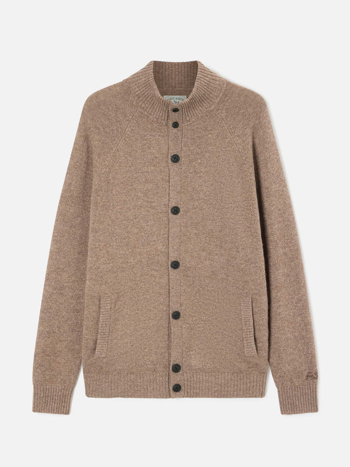 Beiger Galway Cardigan aus Lammwolle mit hohem Kragen 