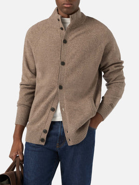 Beige Galway lambswool cardigan with high collar