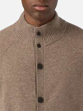 Beige Galway lambswool cardigan with high collar