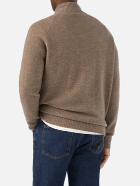 Beige Galway lambswool cardigan with high collar