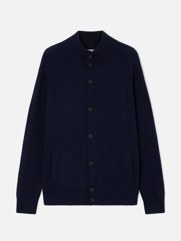 Cardigan Galway blu navy in lana lambswool con collo alto
