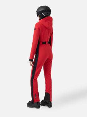 Woman red ski suit Garmisch with RECCO® technology