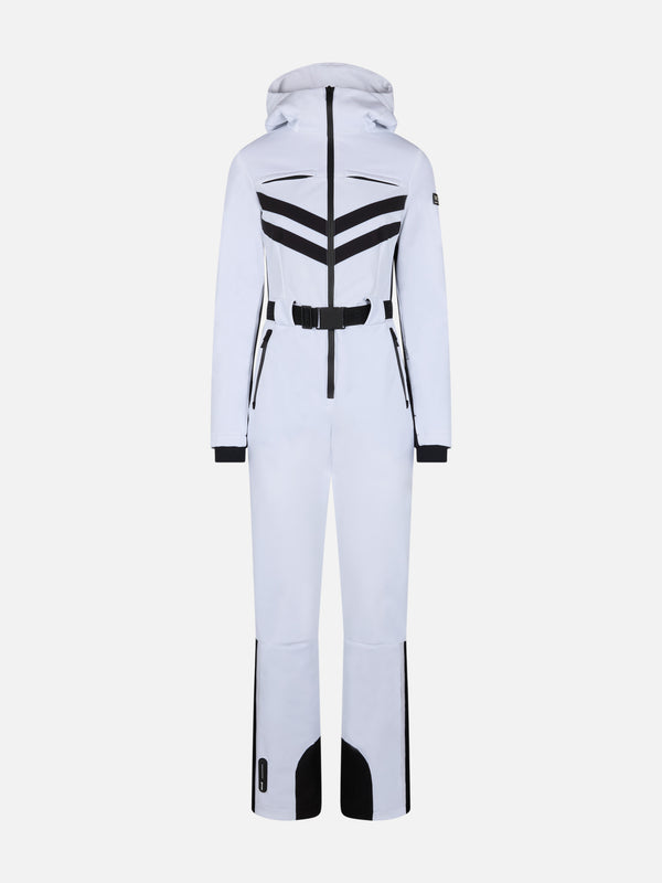 Woman white ski suit Garmisch with Recco technology