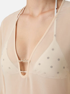 Vestido corto Gretah Plate en blanco con placa del logo 