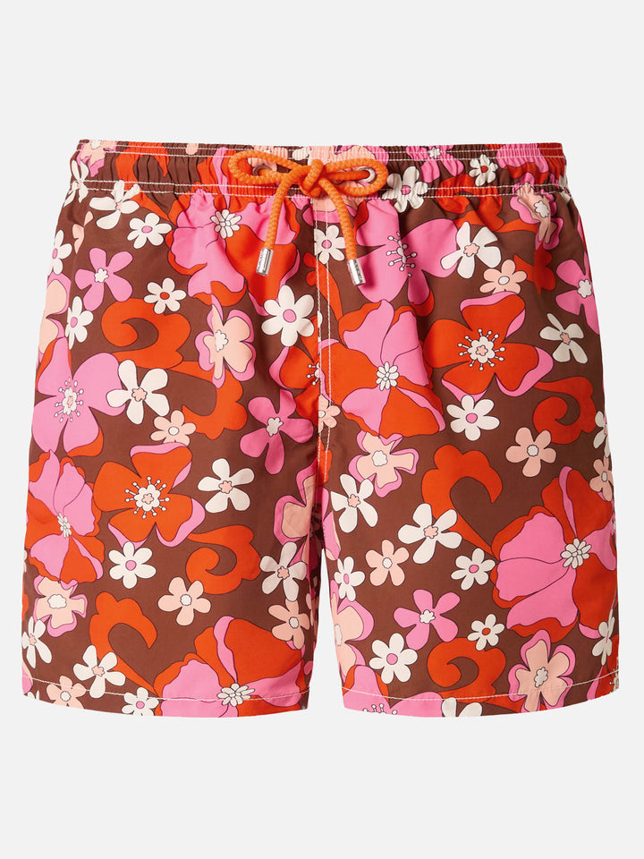 Mid-length Gustavia swim-shorts with vintage flower print