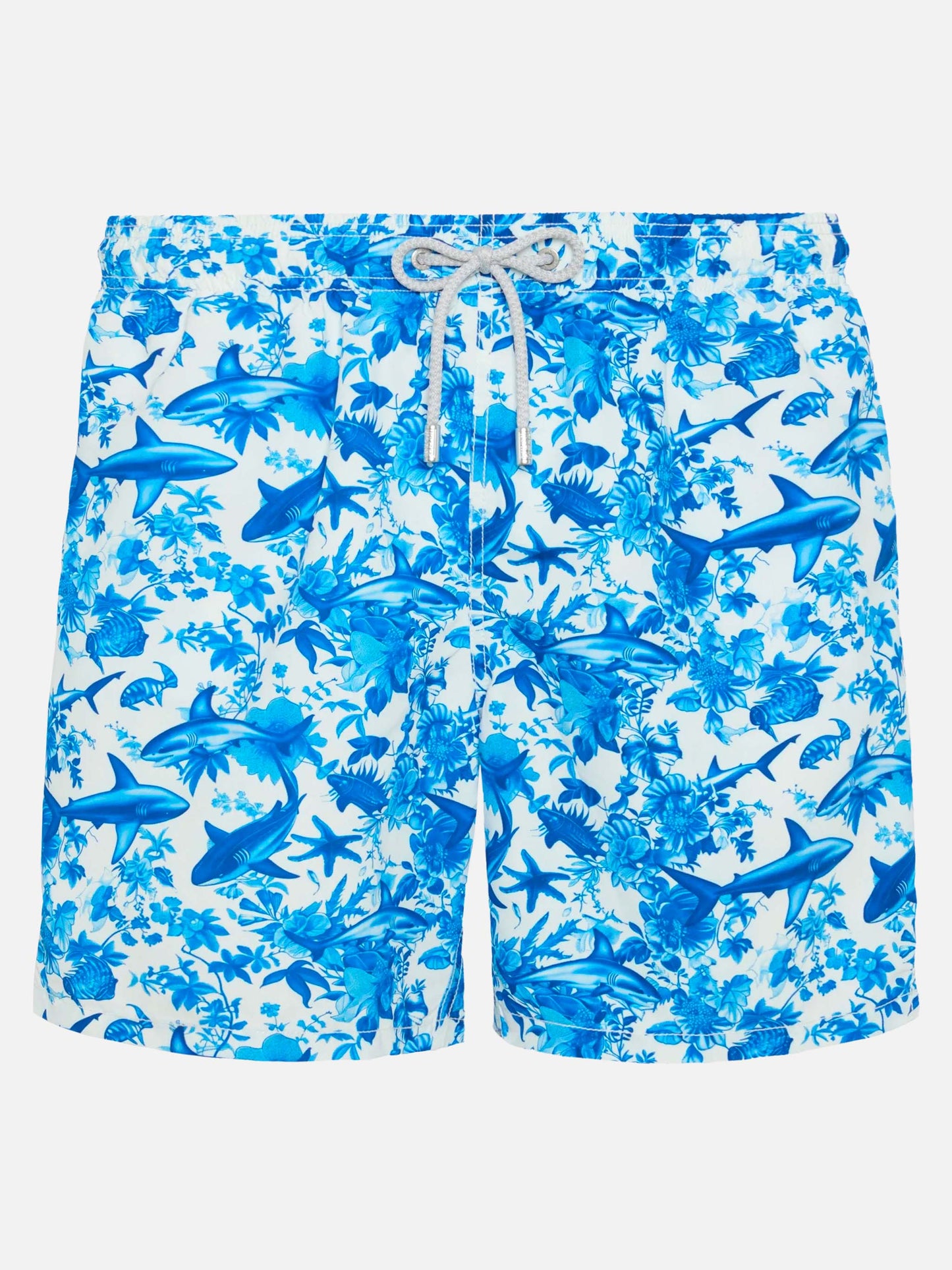 Mid-length Gustavia swim-shorts with shark print | AI CO-CREATED DESIGN BY RICKDICK - POWERED BY RED-EYE