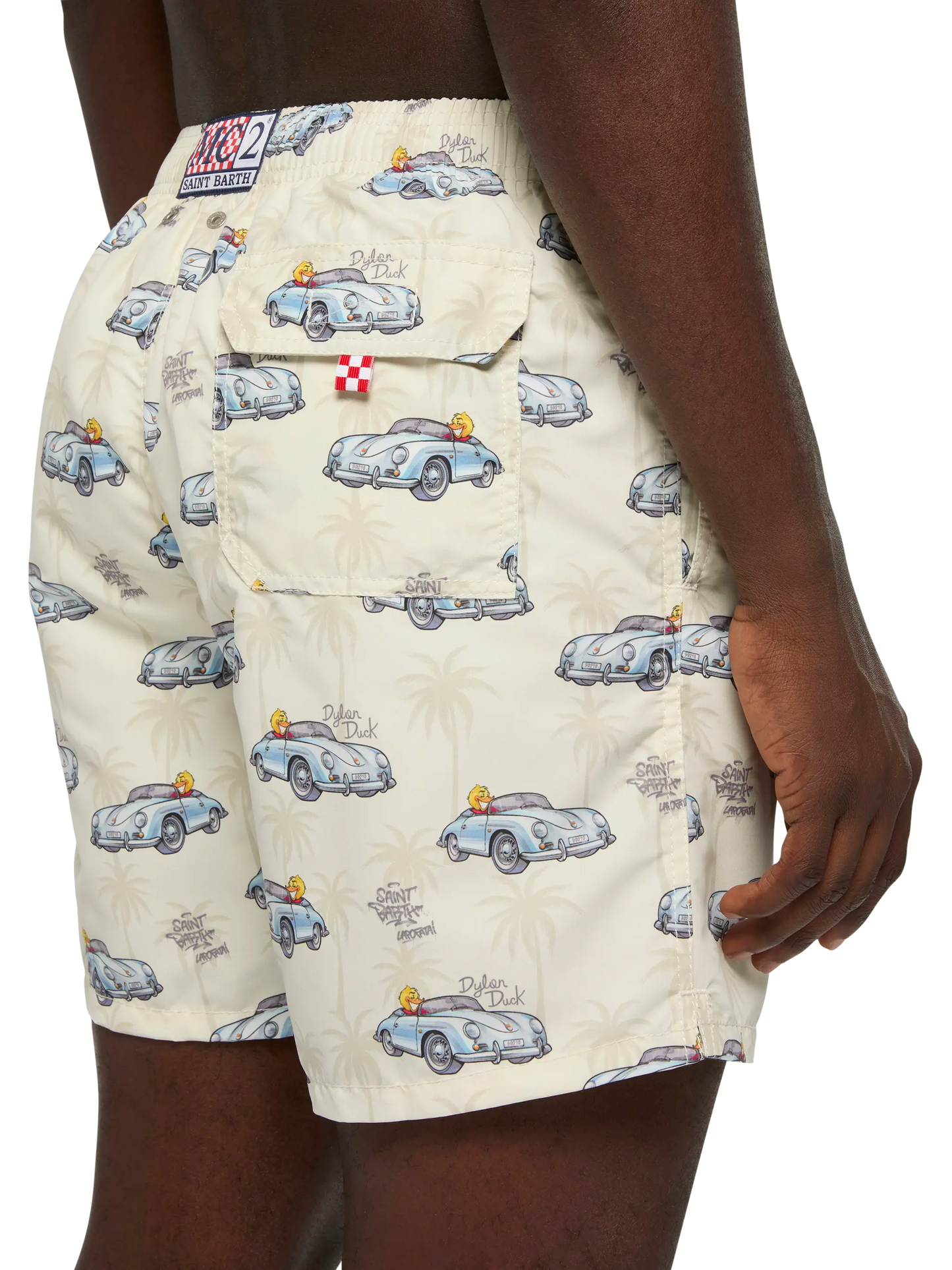 Mittellange Gustavia Badeshorts mit Enten- und Auto-Print |CRYPTOPUPPETS SPECIAL EDITION