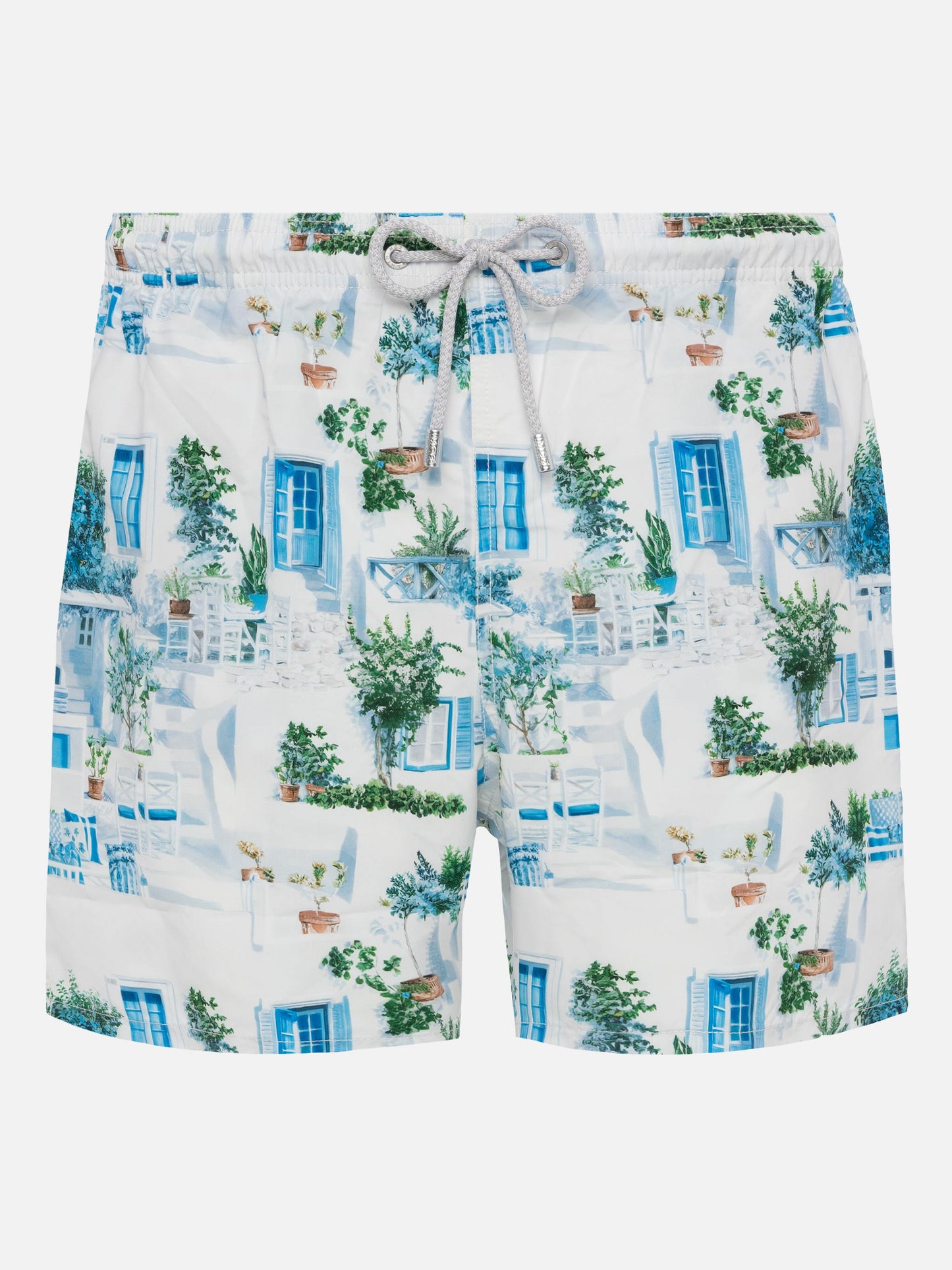 Mittellange Badeshorts „Gustavia“ mit griechischem Haus-Print | KI-MITENTWICKELTES DESIGN VON RICKDICK – UNTERSTÜTZT VON RED-EYE