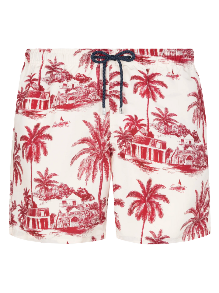 Mid-length Gustavia swim-shorts with toile de jouy print | AI CO-CREATED DESIGN BY RICKDICK - POWERED BY RED-EYE