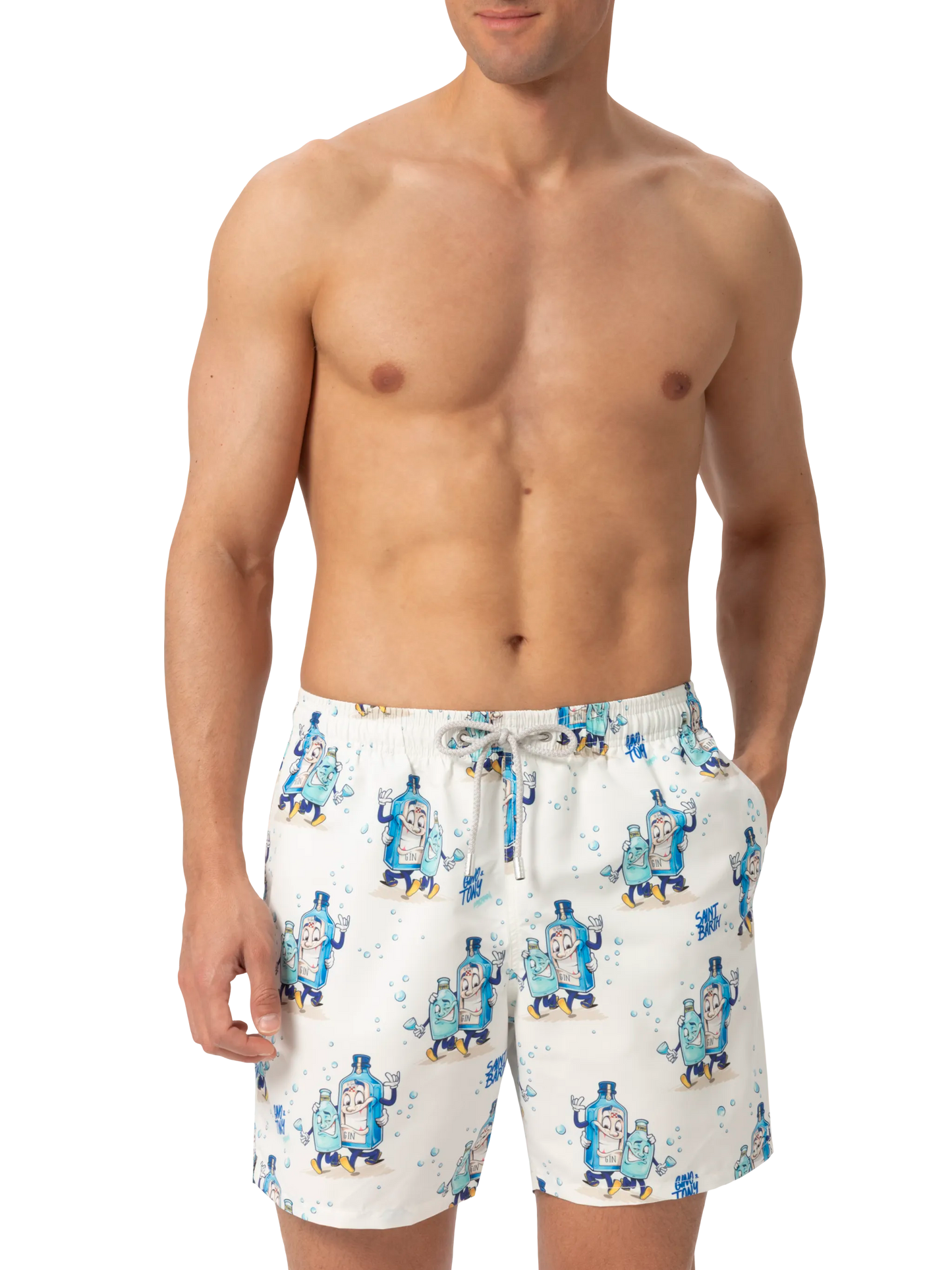 Mid-length Gustavia swim-shorts with cocktail print |CRYPTOPUPPETS SPECIAL EDITION