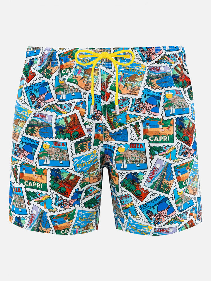 Man mid-length Gustavia swim-shorts with postcard mix print | ALESSANDRO ENRIQUEZ SPECIAL EDITION