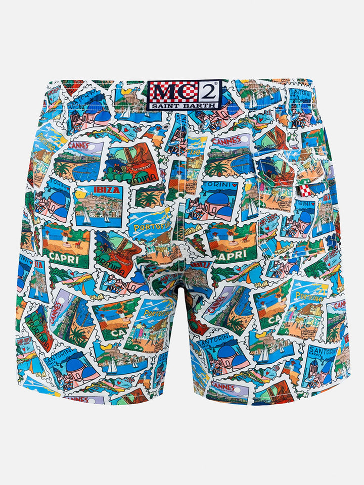 Man mid-length Gustavia swim-shorts with postcard mix print | ALESSANDRO ENRIQUEZ SPECIAL EDITION