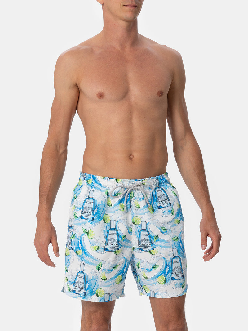 Mittellange gestreifte Gustavia-Badeshorts für Herren mit Gin-Print | GIN MARE SONDEREDITION