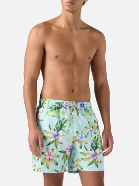 Mid-length Gustavia swim-shorts with tropical print