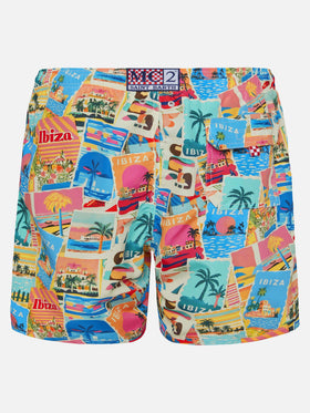 Mid-length Gustavia swim-shorts with Ibiza postcard print | AI CO-CREATED DESIGN BY RICKDICK - POWERED BY RED-EYE - MC2 Saint Barth