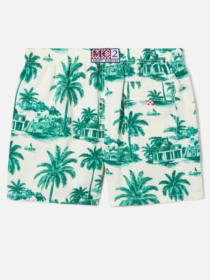 Gustavia swim shorts with green toile de jouy print | Special Edition