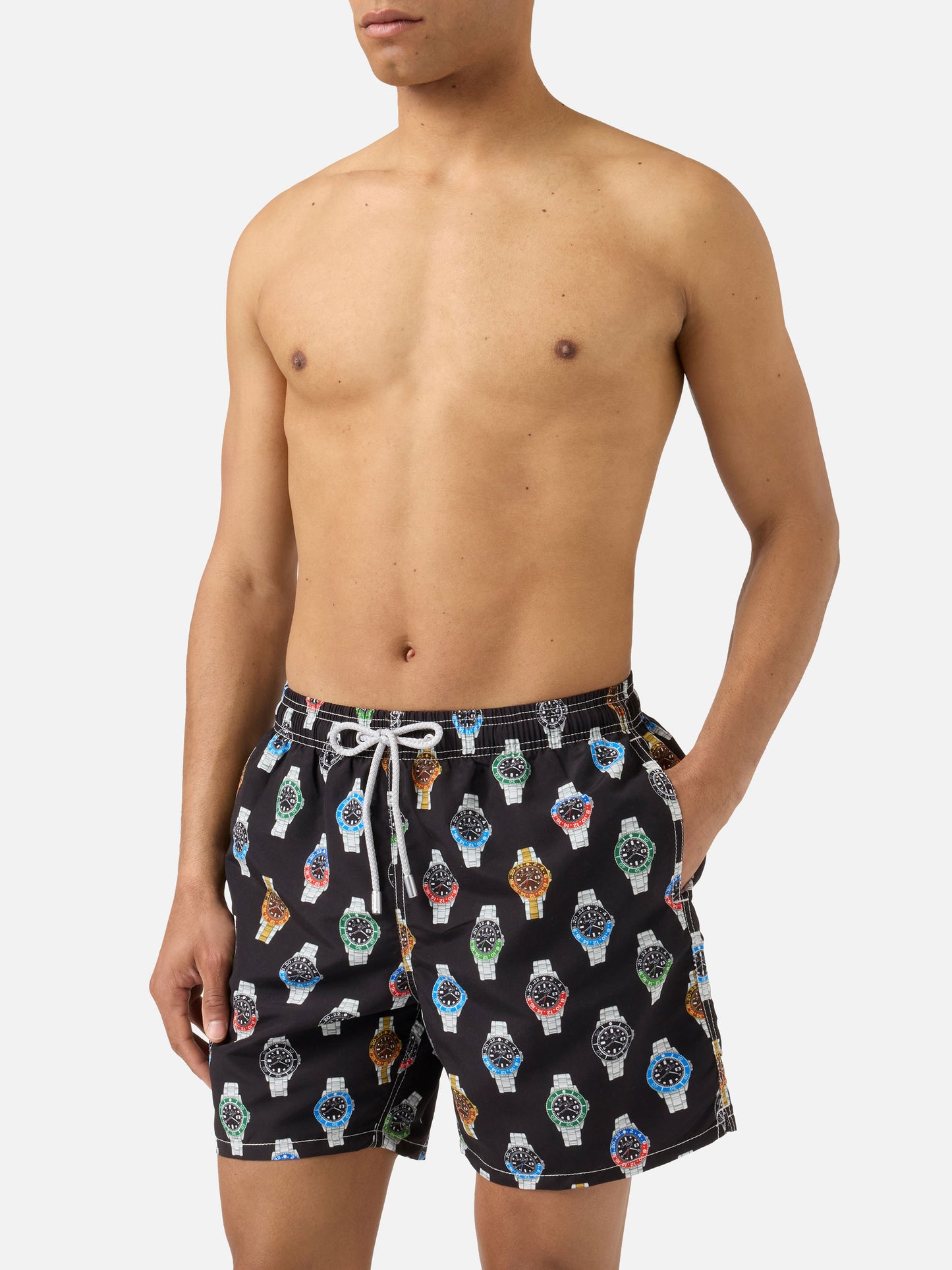 Gustavia swim shorts in solid black with watch print