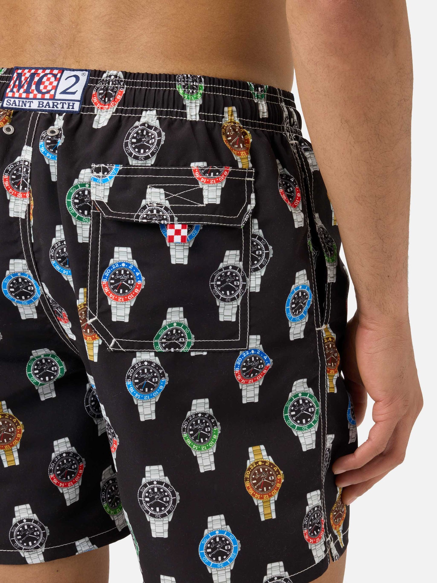 Gustavia swim shorts in solid black with watch print