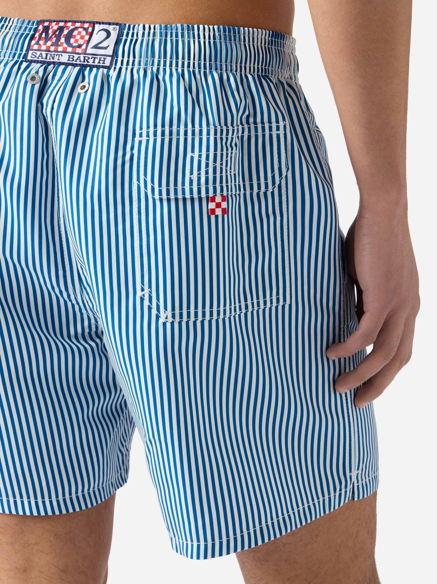 Gustavia blue striped swim shorts with Sapore di Mare embroidery | Special Edition