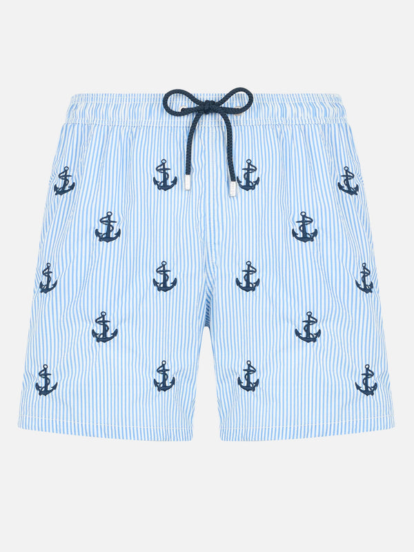 Man mid-length seersucker Gustavia swim shorts with anchors embroidery