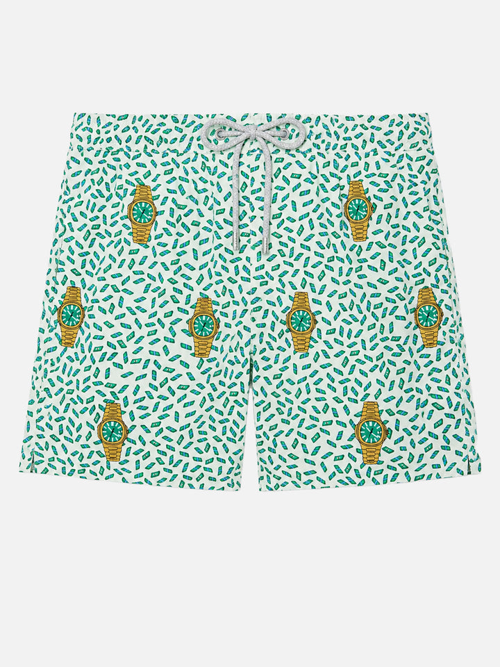 Mid-length striped Gustavia swim-shorts with watches embroidery