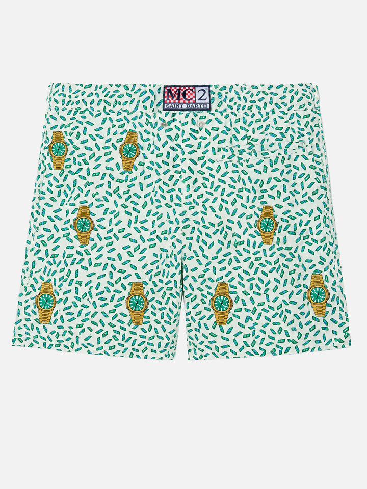 Mid-length striped Gustavia swim-shorts with watches embroidery
